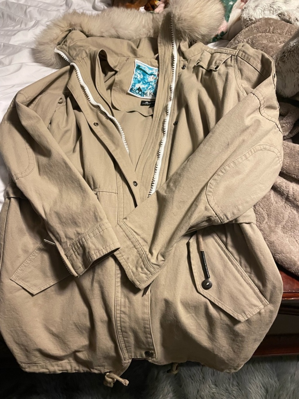 Moose Knuckles Beige/Tan Hooded Field Parka with Fur Trim